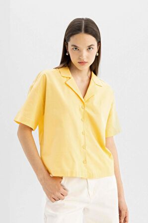 DeFacto Coool Oversize Geniş Kalıp Pijama Yaka Flamlı Pamuk Kısa Kollu Gömlek C0743AX24SMYL170