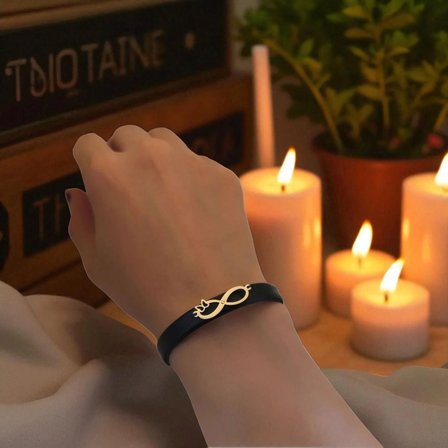 14 Ayar Altın Plakalı G Harfine Özel Sonsuzluk Motifli Doğal Siyah Derili Hediye Bileklik-562