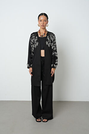 Kadın Yakası Ve Kolları Boncuk İşlemeli Oversize Uzun Kimono