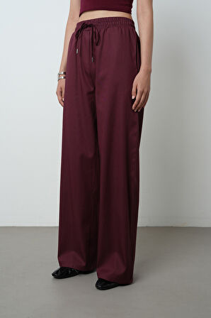 Kadın Bol Paça Beli Lastikli Düz Renk Pantolon