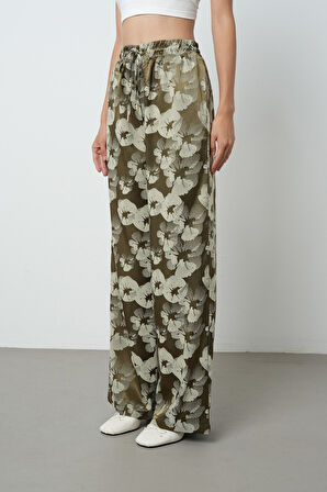 Kadın Haki - Bej Renk Desenli Bol Paça Beli Lastikli Pantolon