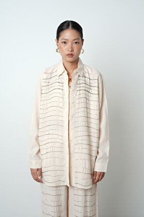 Kadın Yatay Şerit Taş İşlemeli Düz Renk Oversize Gömlek