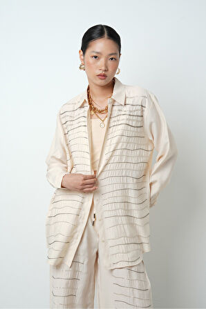 Kadın Yatay Şerit Taş İşlemeli Düz Renk Oversize Gömlek