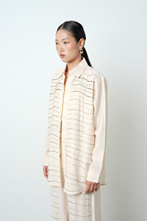 Kadın Yatay Şerit Taş İşlemeli Düz Renk Oversize Gömlek