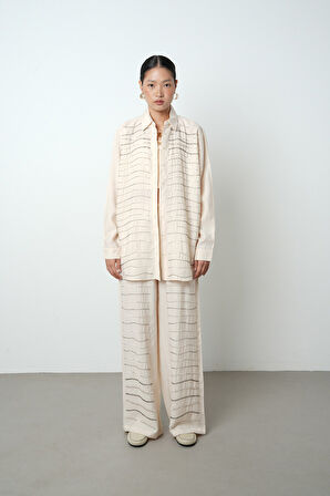 Kadın Yatay Şerit Taş İşlemeli Düz Renk Oversize Gömlek