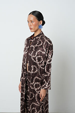 Kadın Kahverengi Desenli Uzun Tunik Tesettür Gömlek - Elbise