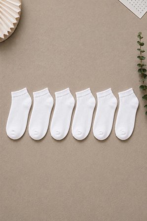 6 Çift Beyaz Patik Unisex Çorap | Pamuklu, Nefes Alan, Terletmeyen
