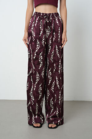 Kadın Bordo - Krem Renk Desenli Bol Paça Beli Lastikli Pantolon