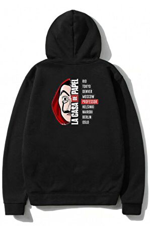 Unisex La Casa De Papel Siyah Kapüşonlu % 100 Pamuk 3 Iplik Hoodie Sweatshirt