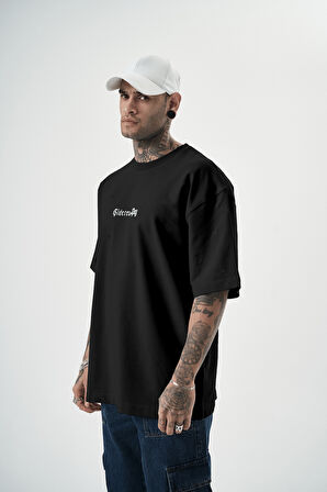 Erkek Sidereal Nakışlı Oversize T-Shirt Siyah