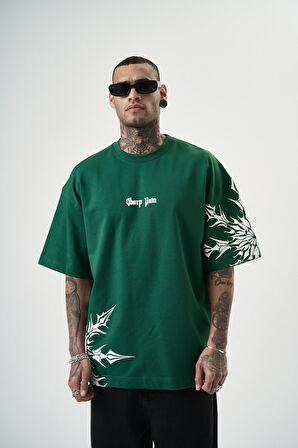 Erkek Sharp Pain Baskılı Oversize T-Shirt Nefti
