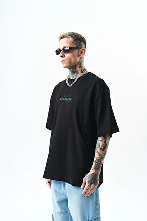 Erkek Greatest Nakışlı Oversize T-Shirt Siyah