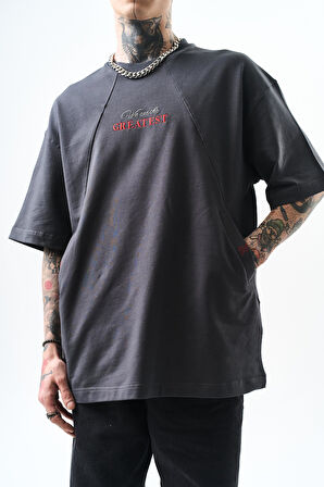 Erkek Greatest Nakışlı Oversize T-Shirt Füme