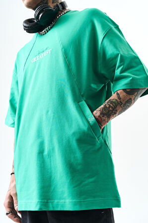 Erkek Greatest Nakışlı Oversize T-Shirt Yeşil