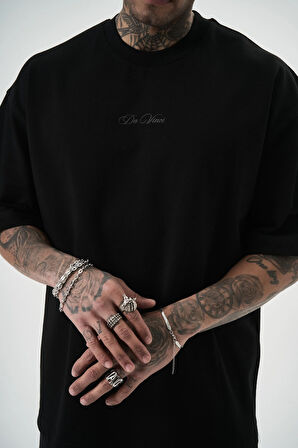 Erkek Da Vinci Baskılı Oversize T-Shirt Siyah