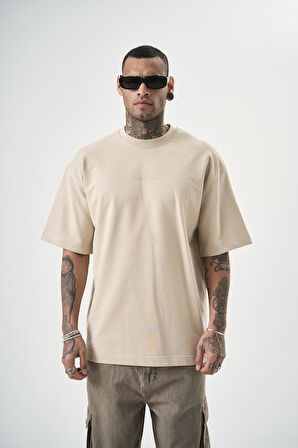 Erkek Da Vinci Baskılı Oversize T-Shirt Bej