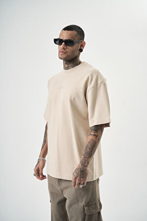 Erkek Da Vinci Baskılı Oversize T-Shirt Bej