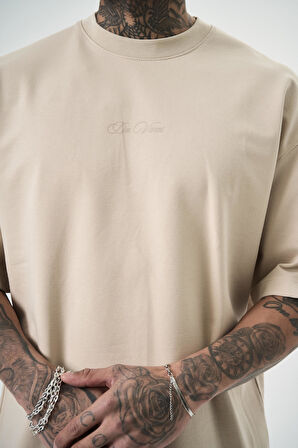Erkek Da Vinci Baskılı Oversize T-Shirt Bej