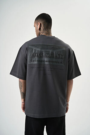 Erkek Da Vinci Baskılı Oversize T-Shirt Füme