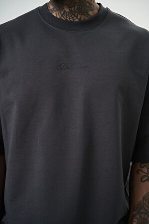 Erkek Da Vinci Baskılı Oversize T-Shirt Füme
