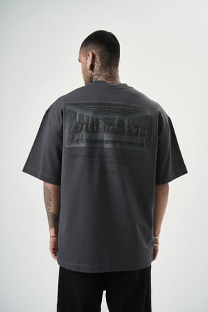 Erkek Da Vinci Baskılı Oversize T-Shirt Füme