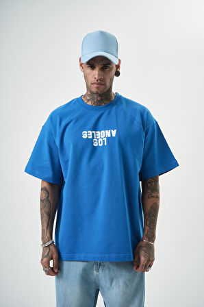 Erkek One Baskılı Oversize T-Shirt Mavi