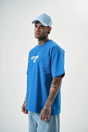 Erkek One Baskılı Oversize T-Shirt Mavi