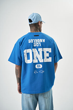 Erkek One Baskılı Oversize T-Shirt Mavi