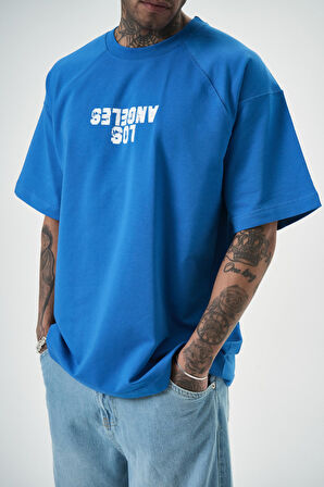 Erkek One Baskılı Oversize T-Shirt Mavi