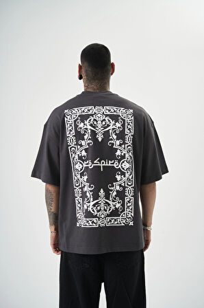 Erkek Ornaments Baskılı Oversize T-Shirt Füme