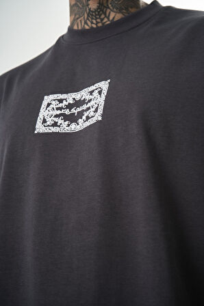 Erkek Ornaments Baskılı Oversize T-Shirt Füme