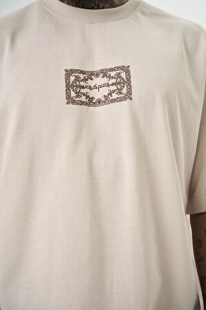 Erkek Ornaments Baskılı Oversize T-Shirt Bej