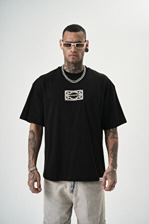 Erkek Ornaments Baskılı Oversize T-Shirt Siyah