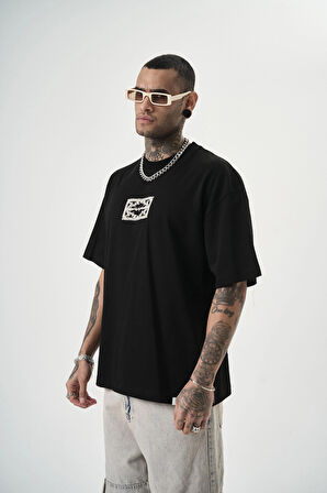 Erkek Ornaments Baskılı Oversize T-Shirt Siyah