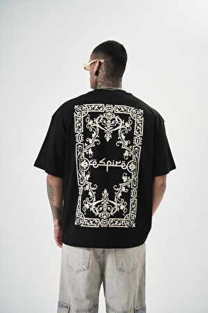 Erkek Ornaments Baskılı Oversize T-Shirt Siyah