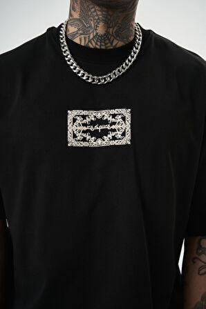 Erkek Ornaments Baskılı Oversize T-Shirt Siyah