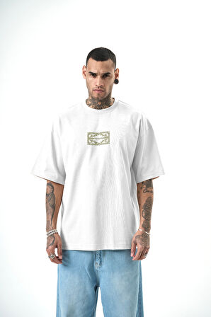 Erkek Ornaments Baskılı Oversize T-Shirt Beyaz