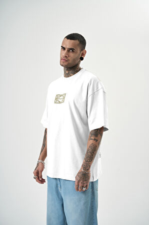 Erkek Ornaments Baskılı Oversize T-Shirt Beyaz
