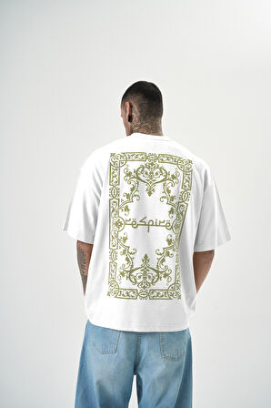 Erkek Ornaments Baskılı Oversize T-Shirt Beyaz