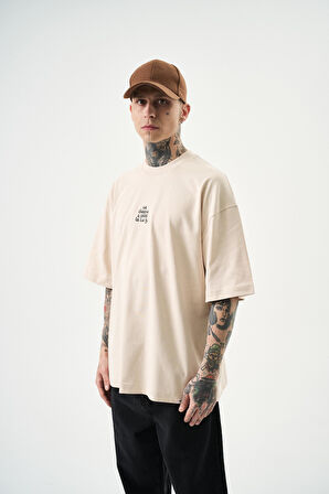 Erkek Choose Nakışlı Oversize T-Shirt Bej