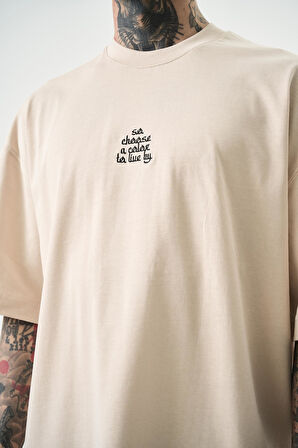 Erkek Choose Nakışlı Oversize T-Shirt Bej
