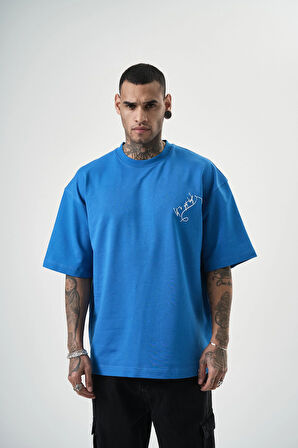 Erkek Let's Get Tight Nakışlı Oversize T-Shirt Mavi