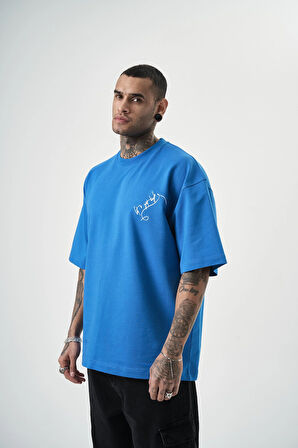 Erkek Let's Get Tight Nakışlı Oversize T-Shirt Mavi