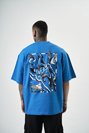 Erkek Let's Get Tight Nakışlı Oversize T-Shirt Mavi