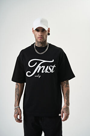 Erkek Trust Yazılı Oversize T-Shirt Siyah