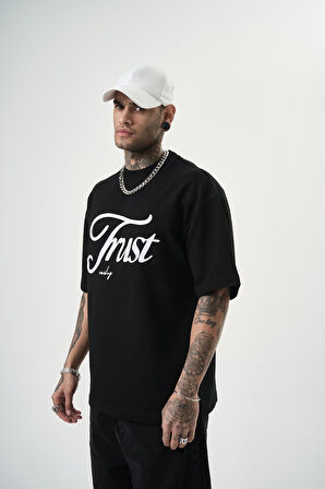 Erkek Trust Yazılı Oversize T-Shirt Siyah