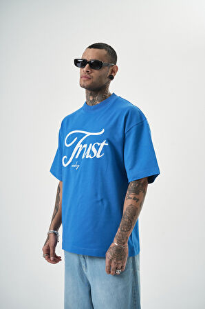 Erkek Trust Yazılı Oversize T-Shirt Mavi