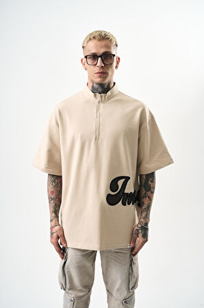 Erkek Imagined Nakışlı Yarım Fermuarlı Oversize T-Shirt Bej
