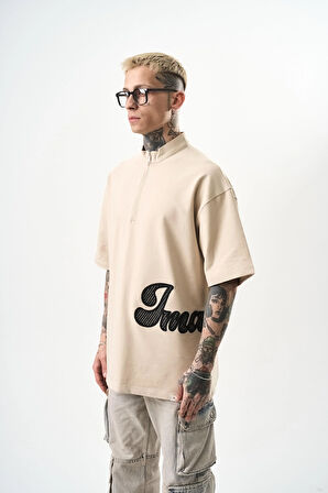 Erkek Imagined Nakışlı Yarım Fermuarlı Oversize T-Shirt Bej