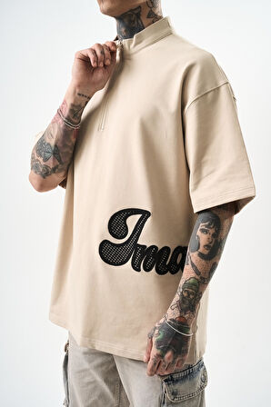 Erkek Imagined Nakışlı Yarım Fermuarlı Oversize T-Shirt Bej